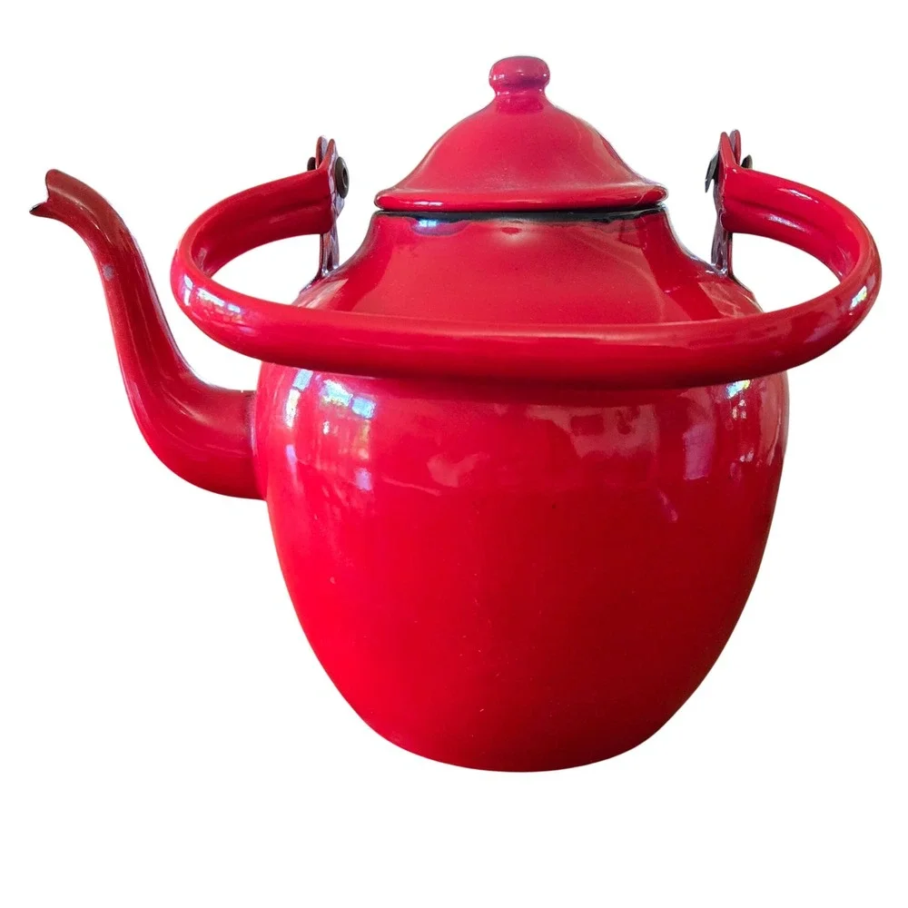 Vintage Emo Celje Red Enamel Teapot Yugoslavia Retro Mid Century Retro, Stamped